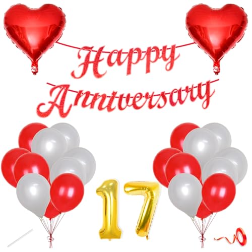 Image of Flyloons 17th Happy Anniversary Decoration Items Red White for Men Women Husband Wife Mom Dad Parent Couple Home Bedroom Car With 20 Pcs Metallic Balloons Anniversary Banner 2 Pcs Heart Set Kit