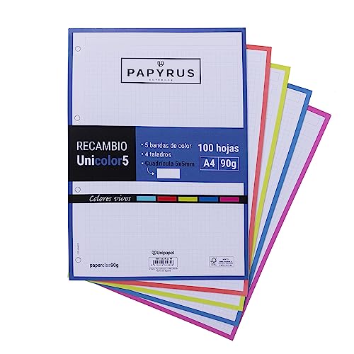 Unipapel 53392399. Ricambio 100 fogli A4, 5 strisce colori vivaci, quadretti 5 x 5, 90 g, Papyrus - Unicolor 5