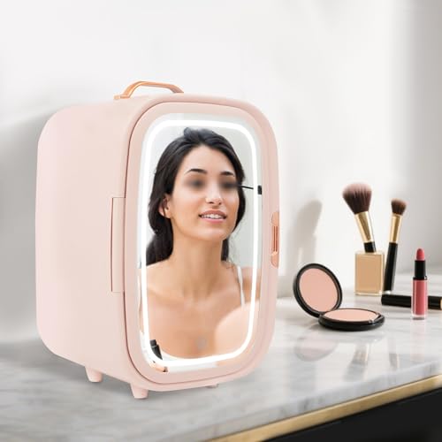 Image of 12 Liter Pink Skincare Fridge with LED Mirror | Compact Beauty Fridge for Makeup Lipstick, Portable Mini Makeup Refrigerator for Bedroom Bathroom