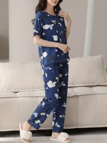 Image of Women's Korean Style Night Suit Set | Cotton Half Sleeve Top & Pyjama Set | Round Neck Printed Nightsuit | Comfortable Nightwear & Loungewear for Women | Sleepwear Pjs Lounge Set |Co-ords Outfit