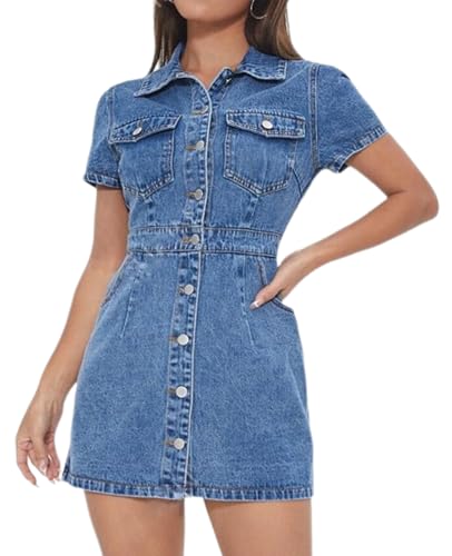 Image of Denim Bodycon Dresses for Women Trendy Short Sleeve Mini Jean Dress