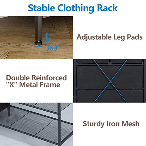 Auromie Clothes Rack With 5 Drawers & 4 Storage Shelves, 59.1W*70.9H Heavy Duty Clothing Rack With 2 Hanging Rods, Wardrobe Closet Organizer System With 5 Hooks, Freestanding Garment Rack, Rustic #TOP6