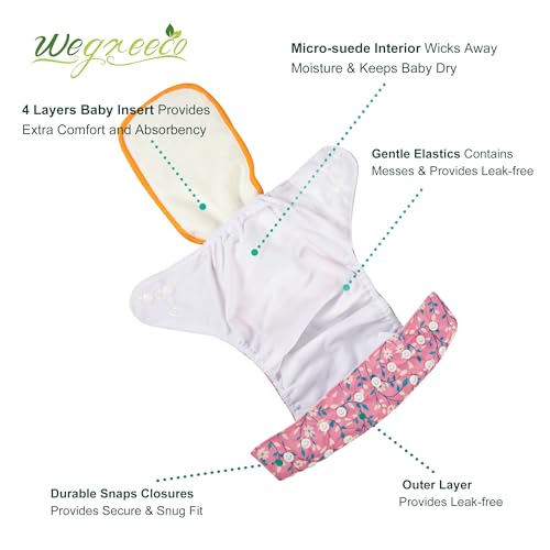 Image of Wegreeco Cloth Diapers 6 Pack with Inserts & Wet Bag, Washable Reusable Diapers for Babies, One Size Adjustable (Chrysanthemum)