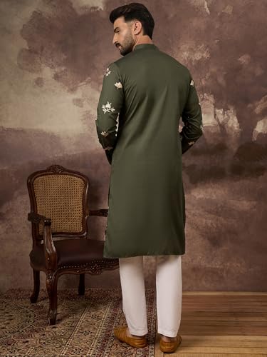 Image of Men's Calf Length Silk Blend Embroidered Solid Kurtas | Men | Kurtas for Mens | Straight Fit Kurta for Men's