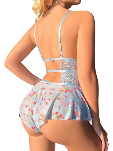Image of Lilosy Sexy Bows Floral Lace Mesh Babydoll Lingerie Romper