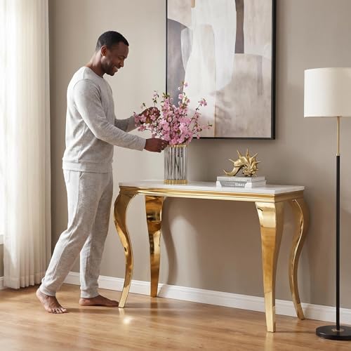 Image of Luxury Coffee Table Set of 2, Rectangular Coffee Table with Sofa Console Table, Modern 2 Piece Living Room Table Set with Faux Marble Top & Gold Stainless Steel S Legs for Apartment Home Office