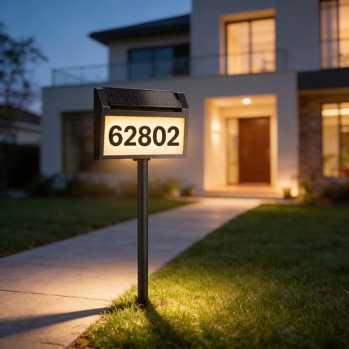 TECKNET Solar Address Sign, Waterproof Solar Powered House Numbers, 3-Color LED Illuminated Address Plaques with Stake, Wall Mounted/In Ground Lighted Address Number for Outside Home, Yard, Garden