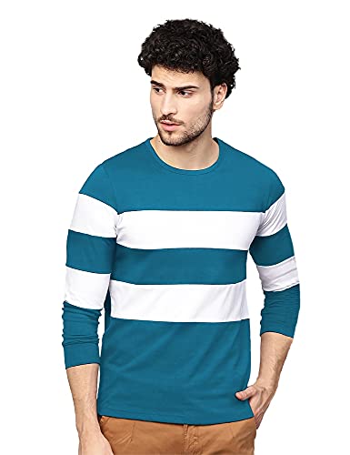 Image of EYEBOGLER Men's Striped Regular fit T-Shirt (T5 Teal Melange White XL)