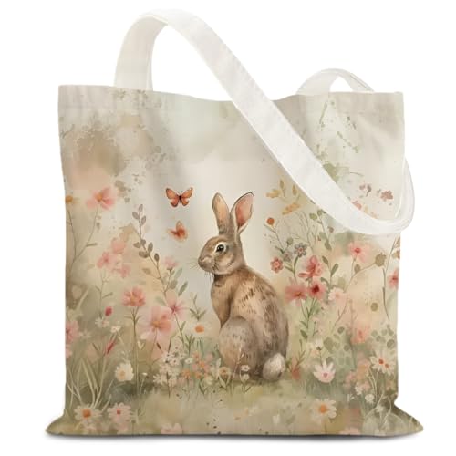 LZYRF Wildflower Bunny Tote Bag Cottagecore Floral Rabbit Canvas Tote Bags for Women Gifts for Bunny Lovers Rustic Rabbit Reusable Grocery Shopping Bag