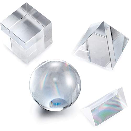 Young4us 4 Pack Crystal Optical Glass Set, 50mm Crystal Ball, 50mm Crystal Cube, 50mm Triangular Prism, 60mm Optical Pyramid for Photography, Kids, Science, Teaching Light Spectrum, Physics (Set of 4)