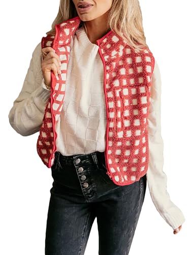 Womens Sleeveless Checkered Sherpa Vest with Pocket Zip Up Fleece Crochet Collar for Style Comfort