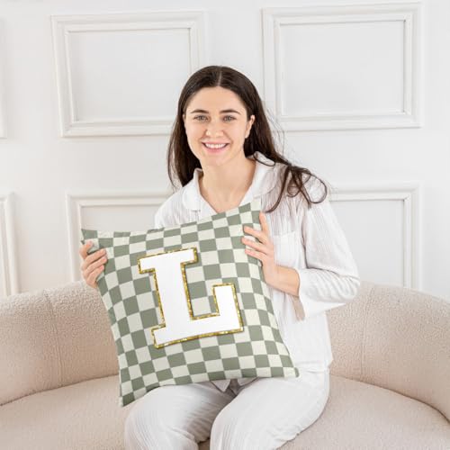 Image of Erosebridal Sage Green Checkered Throw Pillow Covers 22x22 Set of 2 Plaid Initial L Pillow Covers Personalized Monogram Cushion Cover Fashion Grids Gingham Pillow Cases for Couch Sofa