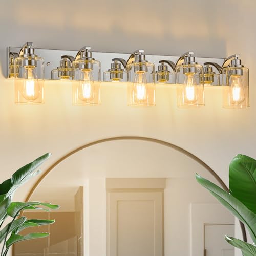 Image of 5-Light Bathroom Light Fixtures Modern Chrome Vanity Lights | Easy to Install Clear Glass Shades, Wall Mount Up or Down, E26 Socket, Hardwired, 128V