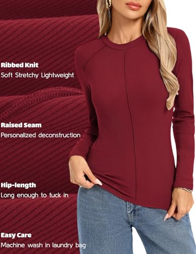 Image of Kate Kasin Fall Women Fitted Long Sleeve Shirt, Ribbed Knit Crewneck Top | Fall Trendy, Going Out, Casual, Party, Weekend Clothes