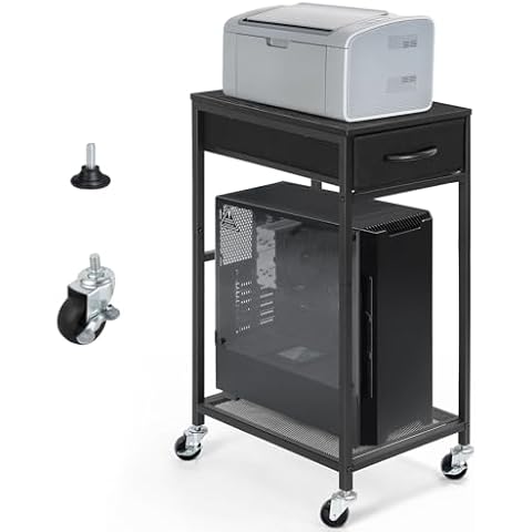 YBING PC Stand 2 Tier Computer Tower Stand with Drawer Mobile Computer Cart with Storage Metal CPU Holder on Wheels Pc Tower Stand Black Rolling Computer Tower Stand Floor for Office Cover