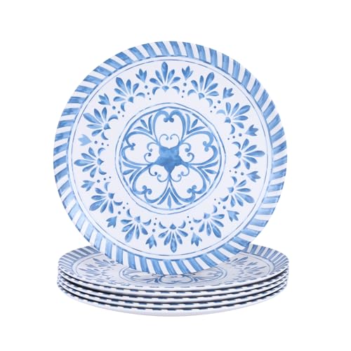 Yinshine Melamine Plates Set,10.75 Inch Dinner Plates Set, 6pcs Blue Dishes Set with Embossed Design, Unbreakable,Indoor and Outdoor use,Blue&White