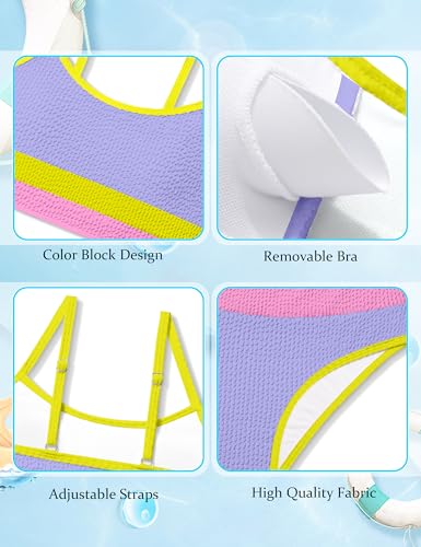 Image of Girls Bathing Suit Color-Block Adjustable Straps Bikini Sets Girls Two Piece Swimsuits with Chest Pad Swimwear 7-18T