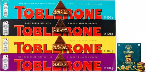 Image of Toblerone of Switzerland Combo Pack Chocolate Bars (Swiss Milk, Swiss Dark, Swiss Crunchy Almond, Swiss Milk Fruit & Nut),Pack of 4 (100gram Each) With Free Flavourito Kunafa Chocolate 20g By Decadent Foods