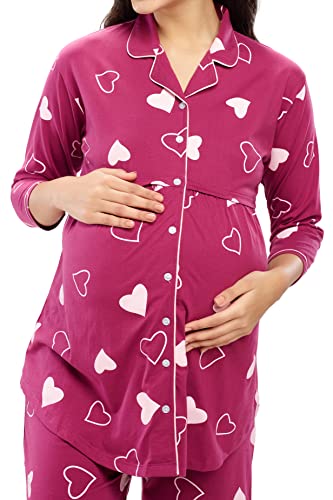 Image of ZEYO Women's Cotton Heart Printed Maternity & Feeding Night Suit Set Of Top & Pajama Set Nursing Night Dress 5634