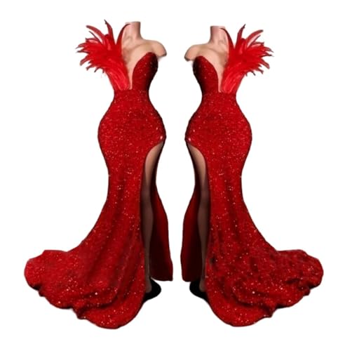 Women's High Split Feathers Sexy Sequins Prom Dress Deep V Neck Off Shoulder Gowns Celebrity Cocktail Evening Party Gown Red 12