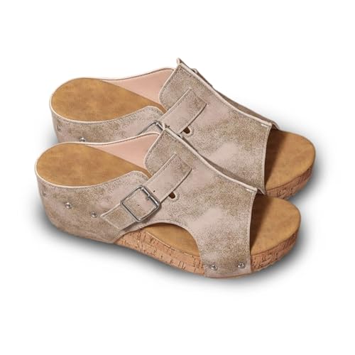 Women's Platform Wedge Sandals Faux Cork Footbed Sandals,Slip on Wedges Slides Comfortable Open Toe Casual 2026 New (Khaki,25.0 