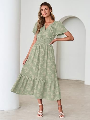 Image of Simplee Womens Summer Boho Maxi Dress Semi Formal Wedding Guest Short Sleeve V Neck Empire Waist Floral Long Dresses