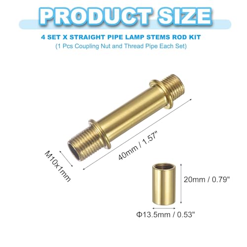 Image of PATIKIL Straight Pipe Lamp Stems Rod Kit, 4 Set M10 Carbon Steel 40mm(1.57 inch) Long Double End Thread Rod with Coupling Nuts Sleeve Connector for Table Lamps Chandeliers,Copper