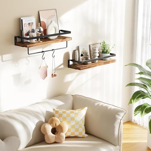 Image of UHUD CRAFTS Set of 2 Bathroom Shelves with Towel Bar, Wall Mount Floating Shelves for Bathroom /Living Room /Kitchen /Bedroom | Dark Burnt Wooden Wall Shelves