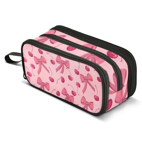Image of ALAZA Bow Cherry Pink Pencil Case for Boys Girls Kids Pencil Pouch 3 Compartment Pen Bag Large Capacity Storage Pencil Holder School Students with Zipper