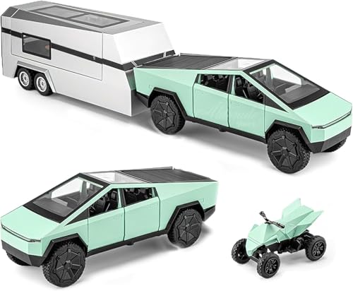Image of 1:32 Tesla Cybertruck with Pickup Trailer Alloy Car Model Scale Diecast Metal Off-Road Vehicles Truck Model Sound and Light Kids (Green)