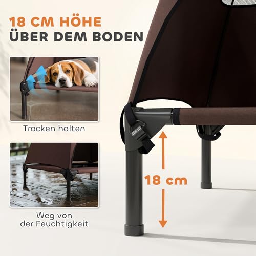 PawHut Hundeliege Outdoor mit Dach, Erhöhtes Hundebett für Mittelgroße Hunde, Kühlendes Haustierliege mit Waschbares Mesh Stahlrahmen Tragtasche, Haustierbett für Draußen Camping 76x61x71cm, Kaffee