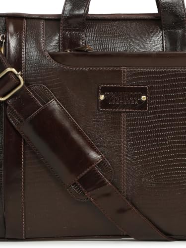 Image of TEAKWOOD LEATHERS Unisex Green Lizard Leather Structured laptop Bag | BROWN