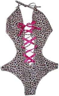 ملابس داخلية قطعة واحدة بطبعة نقشة جلد الفهد مع رباط أمامي للنساء، بينك