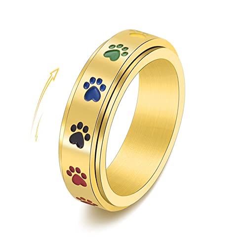 Stainless Steel Paw Print Spinner Ring for Anxiety Fidget Rings Relieving Stress Rotate Freely Cute Animal Enameled Engagement W