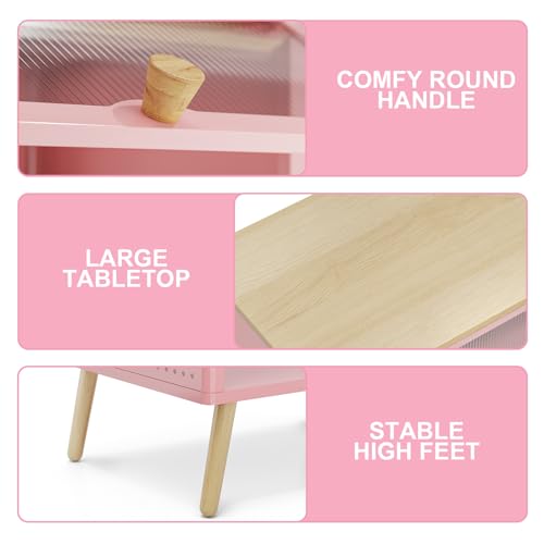 Cute-Nightstand-Small-End-Tables-with-Storage-Drawer-Metal-Side-Table-Kids-Night-Stand-Bedside-Table-Wood-Top-Modern-Side-Table-for-Living-Room-Girls-Bedroom-Dorm-OfficePink Cute Nightstand Small End Tables with Storage Drawer Metal Side Table Kids Night Stand Bedside Table Wood Top Modern Side Table for Living Room Girls Bedroom Dorm OfficePink