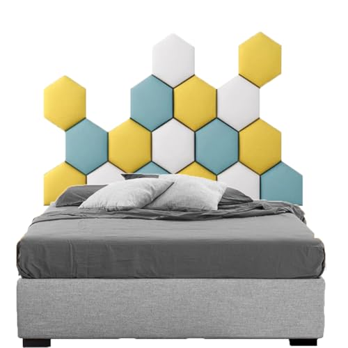 HEFJIAYCIQ 17 Piezas De Paneles De Pared Acolchada, Peel and Stick Cabecero Decoración Pared Papel Pintado, 3D Anti-Colisión Pared Pegatinas Protectores para Niños,Yellow+Blue+White,180x105cm