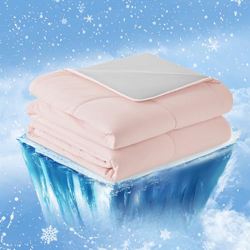 Cozy Bliss Cooling Comforter Twin Size, Cooling Blankets for Hot Sleepers and Night Sweats, Pink Gray Summer Comforter for Twin Size Bed, Breathable Soft Lightweight Silk Smooth