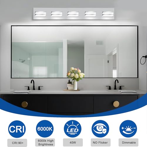 Image of IZORRO LED Modern Bathroom Lights Fixtures(5-Light,Dimmable,360Rotate),Chrome Acrylic Wall Lighting,Vanity Lights for Bathroom Over Mirror - 6000k 30In （No Assembly Required）