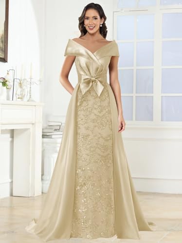 TORYEMY Off The Shoulder Mother of The Bride Dresses for Women Long Satin Sequin Formal Wedding Guest Dress with Train Bow4