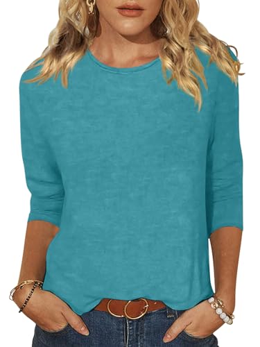 EADINVE Women's Casual 3/4 Sleeve T-Shirts Round Neck Cute Tunic Tops Basic Tees Blouses Loose Fit Pullover Teal