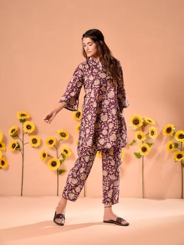Image of NAINVISH Ethnic Cotton Blend Co Ord Set | Casual Wear Pant Top Set | Fancy Co-Ord Set | Full Pair Set | Women Kurta Sets Kurtis | Women Kurta Pant Set | Coord Sets for Women | Maroon Top Pant Set