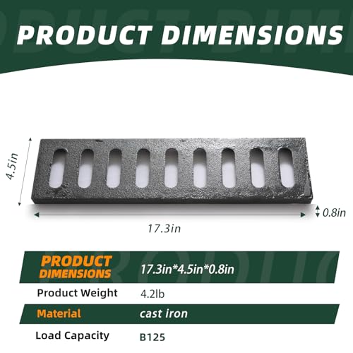 Image of Cast Iron Drain Grate,17 * 4.5 in Outdoor Drain Cover, Heavy Duty B125 Class Channel Grate, Black Rectangle Drainage Grate, Metal Sewer Grate for Concrete Floor, Yard, Driveway & Garage.