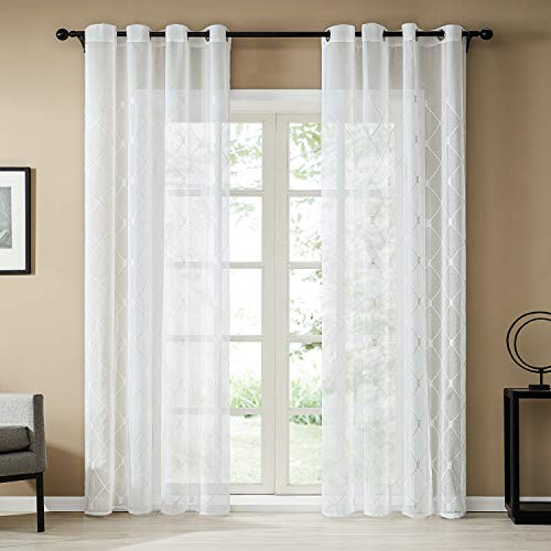 Top Finel White Sheer Curtains 90 Inches Long Embroidered Diamond Grommet Window Curtains For Living Room Bedroom, 2 Panels #TOP1