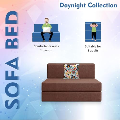 Image of Los Angeles Foldable One Seater Sofa Cum Bed, Sofa Bed 3 X 6 Feet Jute Fabric Washable Cover- Including One Printed Cushion Perfect for Living Room & Office, Guest Room - Brown Color