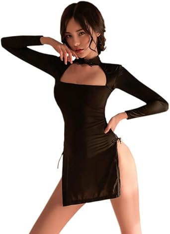 Sexy cheongsam dress for women Lingerie chinese Style Qipao outfit Costume anime cosplay Roleplay See-through Slim Mini Bodycon Nightgown High Split Short Sleeve Hollow-out Babydoll Thong Black