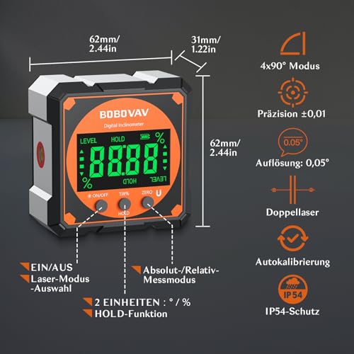 BOBOVAV Digitaler Winkelmesser Laser, Wasserwaage Neigungsmesser mit 4-seitigem Magnet, LCD Display, Typ-C-Aufladen Winkelmessgerät Laser Level Box für Rohr- Holzarbeitung Hängerahmen Sägen Auto