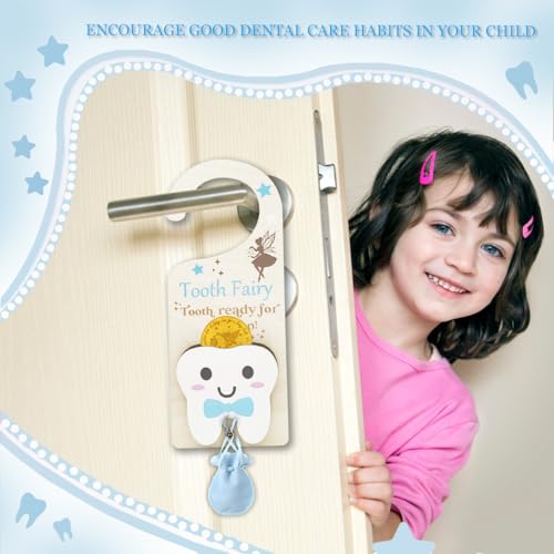 Image of Tooth Fairy Tooth Bag, Tooth Fairy Door Hanger with Tooth Fairy Coin, Money Slot, Keepsake Bottle, Velvet Pouch, Tooth Fairy Box - Encouragement Gift for Boys and Girls Losing Teeth