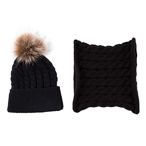 WmHeoo2077 Strick-Mütze gefüttert mit Fell-Bommel,Unisex-Adult Hat Mütze,Warmes Kindermütze und Schal Set, Babymütze,schwarz,Einheitsgröße