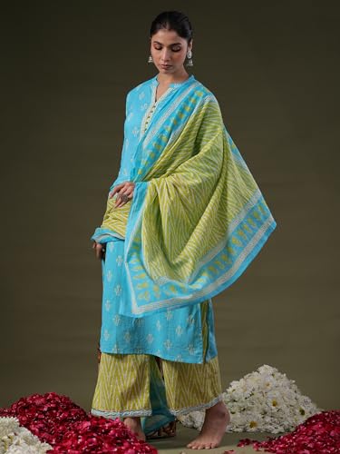 Image of INDO ERA Women Cotton Printed Straight Kurta Palazzos With Dupatta Set
