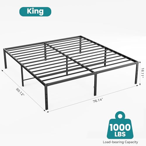 Image of Sweetcrispy King Size 18 Inch Platform Bed Frame, Heavy Duty Metal Foundation Frame, Noise-Free Sturdy Steel Slats, Underbed Storage, No Box Spring Needed, Quick Setup
